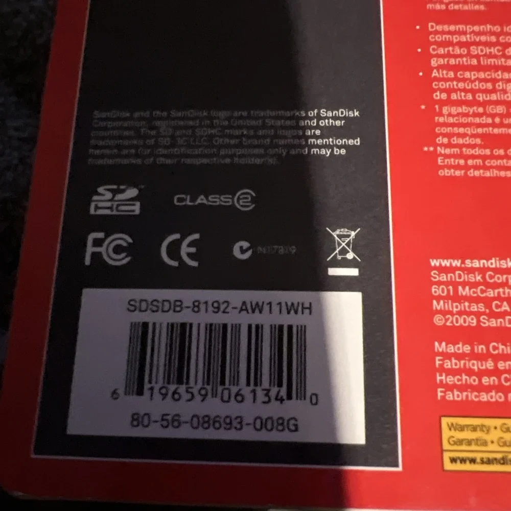 SanDisk 8GB SDHC Memory Card SDSDB-8192‎ AW11WH New Sealed